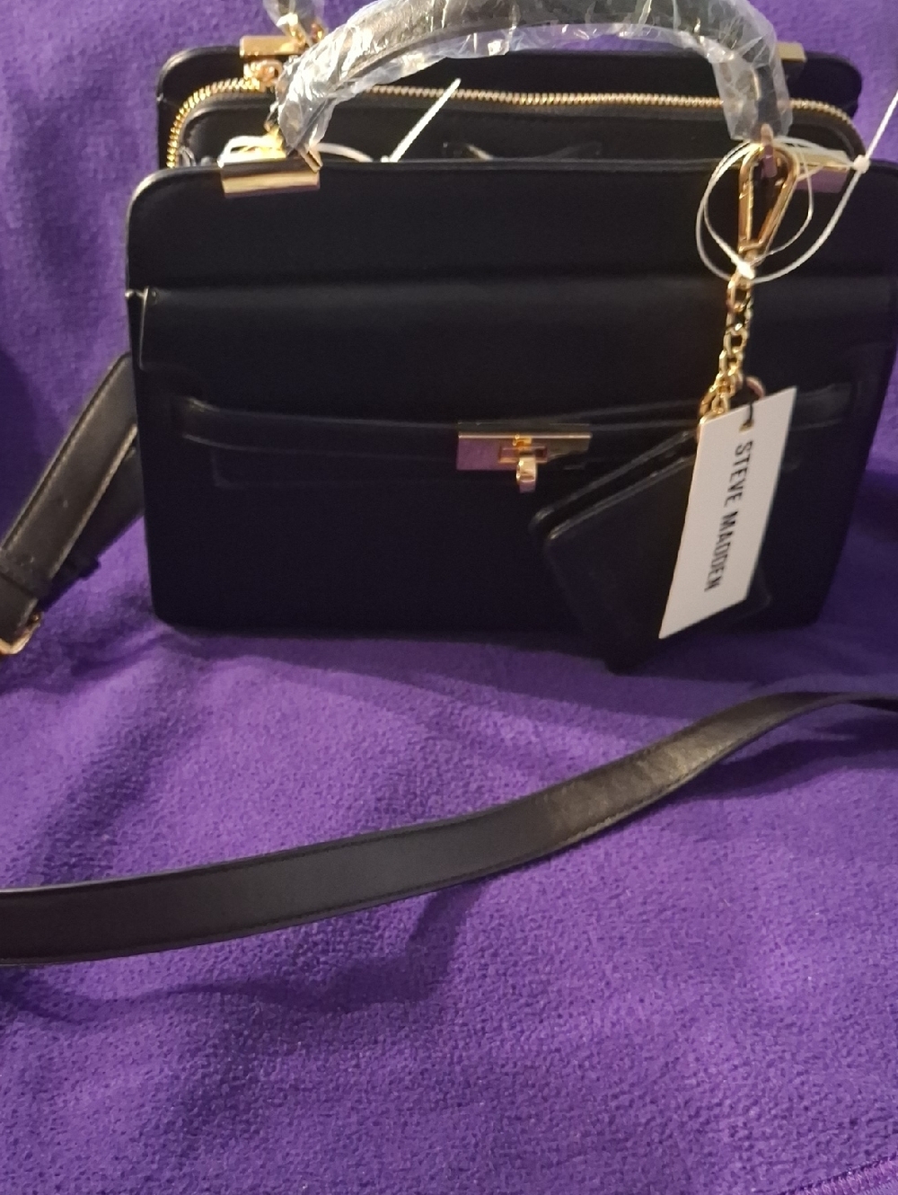 Steve Madden Black Satchel And Card Holder with Gold-Tone Hardware